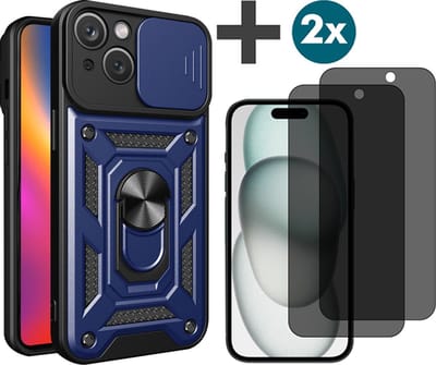 Hoesje met Privacy screenprotectors 2 stuks Geschikt voor iPhone 15 met Ringhouder en Camera schuifje - Arara backcover - Blauw