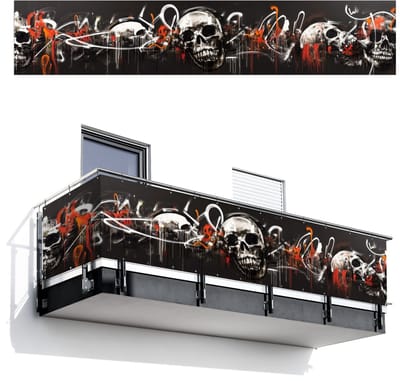 Balkonscherm 500x100 cm - Balkonposter Schedels - Kunst - Donker - Rood - Balkon scherm decoratie - Balkonschermen - Balkondoek zonnescherm