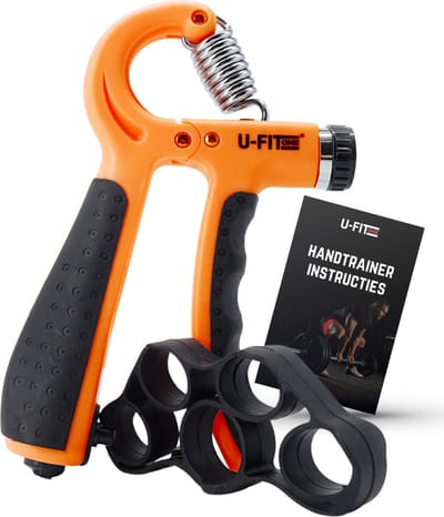 U Fit One Teller Handtrainer 10 tot 60kg - Verstelbare Handgrip - Handknijper - Vingertrainer - Onderarm Grip Trainer - Oranje - Incl Instructies