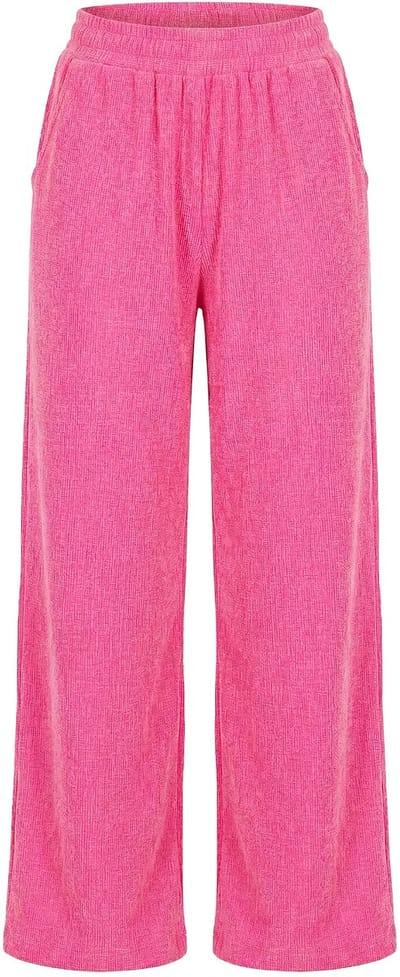 Studio Untold - Dames - Broek wijde pijpen structuur elastische tailleband - Neon roze - Maat 42