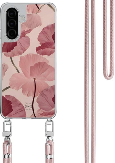 Telefoonhoesje met koord geschikt voor Samsung A56 - Vintage blossom - Inclusief Rosegoud koord - Transparant, Roze - Bloemen - Crossbody beschermhoes - Met Telefoonketting