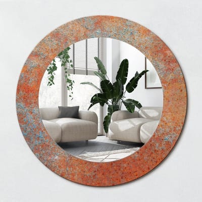 Wallfluent Bedrukte Ronde Spiegel - Ronde Spiegel Met Decoratie Roestig Metaal - 50 cm / 36 cm - Oranje - Oranje Ronde Spiegel Lijst Met Print - Woonkamerspiegel - Inloopkastspiegel - Hal - Hangspiegel