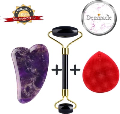 Demiracle Black Obsidian Face Roller met Amethist Gua Sha Schraper en Rode Siliconen Gezichtsborstel - Valentijnsdag - Cadeau - Gezichtsroller - Massage Roller - Jade Roller - Rimpelverwijdering - Ontspanning - Kwaliteit