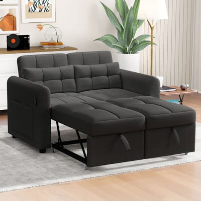 DESMIU Slaapbank 142 Cm - 3-In-1 Uitklapbaar Met Verstelbare Rugleuning, USB En Zijvakken - Voor Woonkamer En Slaapkamer - Katoen Linnen Grijs