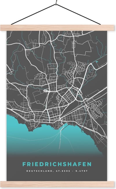 Posterhanger incl. Poster 40x60 cm - Schoolplaat - Stadskaart – Plattegrond – Duitsland – Blauw – Friedrichshafen– Kaart - Textielposter - Blanke latten - Stadskaart