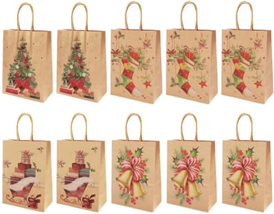 Dailygoods - 10 stuks kerst kraft geschenkzakjes, kerstpapieren zakjes, kerstgeschenkzakjes met hengsel, kerstgeschenkzakjes voor het verpakken van cadeaus, feestartikelen (21x15x8 cm) A