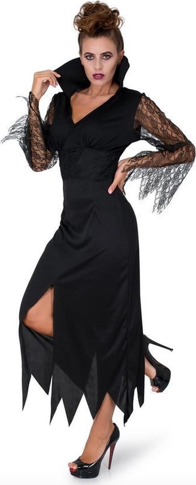 Karnival Costumes Zwart Kanten Heksenkostuum Carnavalskleding Dames Halloween Kostuum Dames Halloween Kostuum Volwassenen - Maat S - 4-delig