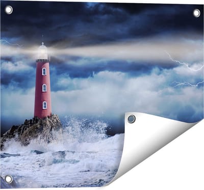 Gards Tuinposter Vuurtoren op een Storm Zee met Golfen Water - 50x40 cm - Tuindoek - Tuindecoratie - Wanddecoratie buiten - Tuinschilderij