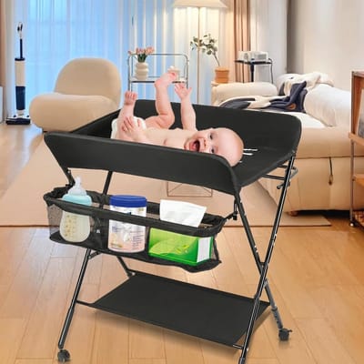Baby Verschoontafel - Babycommode Opvouwbaar - Baby Verzorgen - 3-voudig In Hoogte Verstelbaar - 98 cm Hoog - Zwart