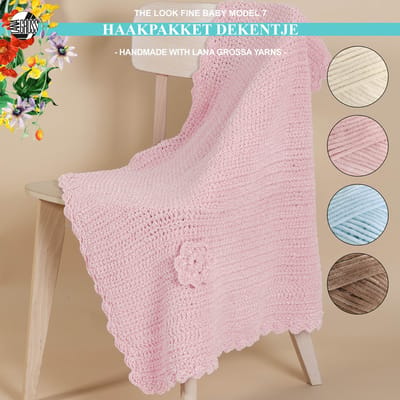 Haakpakket deken-kinderdeken-kado-kraamcadeau- met The Look Fine garen model 7 van Lana Grossa The Look Fine Baby-pastelblauw 118