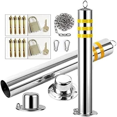Parkeerpalen Set - Veiligheidspalen - Parkeerplaats Beveiligen - Reflecterende Film - 80cm Hoog 5m Ketting - Zilver