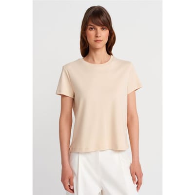 Dames Katoenen Geribbelde ronde Hals T-shirt