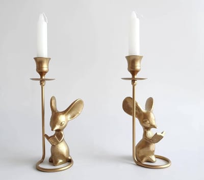 Kandelaars Muis - Kaarsenhouder Set - Sfeervol Diner - Lezend Muis Design - 21 cm Hoog - Antiek Zwart
