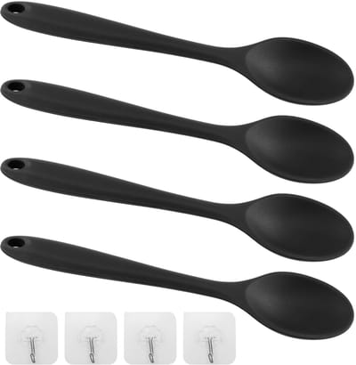 4 stuks zwarte siliconen kooklepels, 20,5 cm, kleine soeplepel, breukvast, hittebestendig, met 4 haken, herbruikbare kooklepels, voor keuken bakken