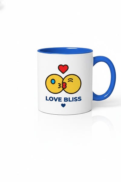 Love Bliss Kus Emoji Mok - Romantische Koffiemok met Hartjes & Blauw Handvat