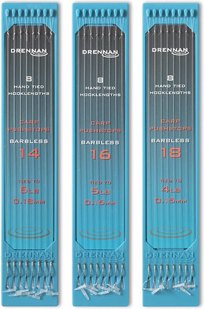 Drennan Onderlijnen Carp Pushstops Barbless (8 pcs) - Maat : 15cm - haak 14 - 0.18mm