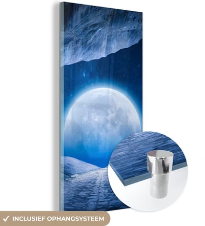 Glasschilderij - Foto op glas - Maan - Ruimte - Meteoriet - Asteroïde - Wanddecoratie - 60x120 cm - Acrylglas - Muurdecoratie - Schilderij - Schilderij op glas