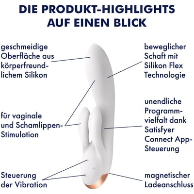 Satisfyer, vibrator, Bluetooth Rabbit, Double Flex, 20 cm, met app, 3 motoren, gemaakt van volledig siliconen, oplaadbaar, waterdicht