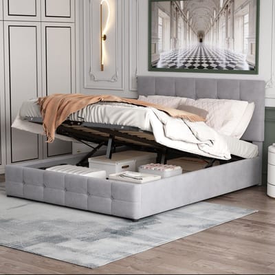 DESMIU Gestoffeerd Bed 140x200cm - Hydraulisch Opbergbed Met Verstelbaar Hoofdbord - 28 Cm Opbergruimte Onder Bed - Voor Volwassenen En Jeugd - Velours - Grijs Zonder Matras