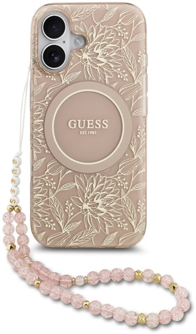 MagSafe hoes voor Apple iPhone 17, Guess, IML Flowers Allover Electroplated with Pearl Strap, Zwart