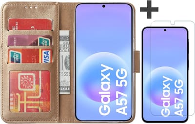 Hoesje met Screenprotector Geschikt voor Samsung Galaxy A57 – Arara bookcase met pasjeshouder - Goud