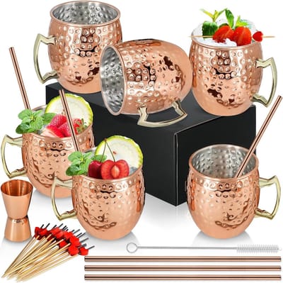 Set van 6 Handgemaakte Koper Mokjes voor Cocktails - 18oz/540ml - Ideaal voor Verfrissende Dranken, Bier en Geschenken
