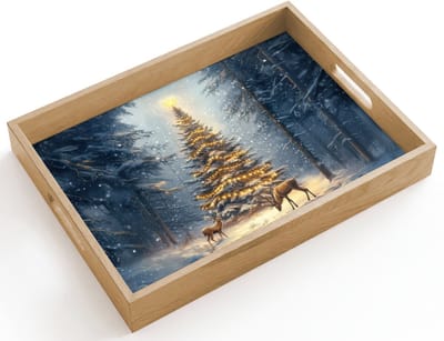 Dienblad hout 40x30 cm - Schootdienblad - Kerstlicht - Woud - Hert - Donker - Borrelplank rechthoek - Plateau dienbladen