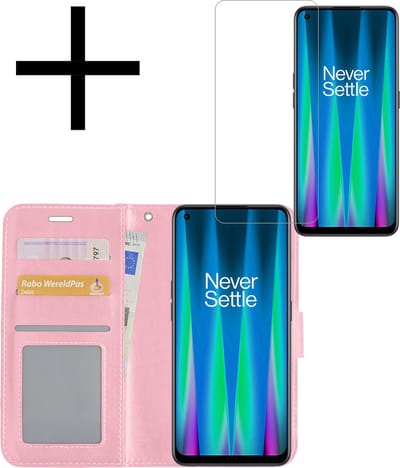 Hoesje - Met Screenprotector - Geschikt voor OnePlus Nord CE 2 - Luxe Pasjeshouder - Bookcase Portemonee - Flip Case - Kunstleer Book Case - Flipcase - Book Cover - Walletcase - Portemonneehoes - Lichtroze
