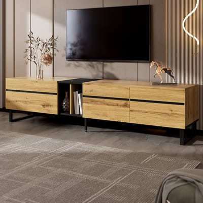 MODENUIT Tv-Meubel - Met Klepvak, Open Vak En 2 Deuren - Voor Woonkamer - Spaanplaat Houtkleur - 180x38x45 Cm