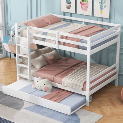 Sweiko Stapelbed 140*200cm, Kinderbed, met Uitschuifbed, Hoge leuningen, Stabiele trap, Wit