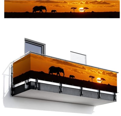 Balkonscherm 500x75 cm - Balkonposter Olifanten - Savanne - Zonsondergang - Balkon scherm decoratie - Balkonschermen - Balkondoek zonnescherm