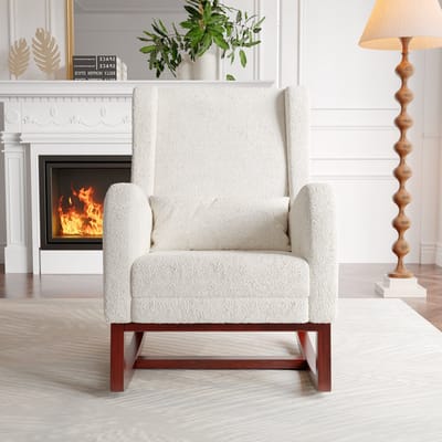 Schommelstoel van pluche stof, Schommelstoel met lendenkussen, zijvak en voetensteun, Schommelstoel, Lounge schommelstoel voor woonkamer, slaapkamer, Beige
