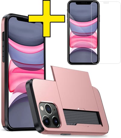 Hoesje Geschikt voor iPhone 11 Pro Hoesje Case Pashouder Hard Cover Met Screenprotector - Hoes Geschikt voor iPhone 11 Pro Hoesje Met Kaarthouder - Rosé goud