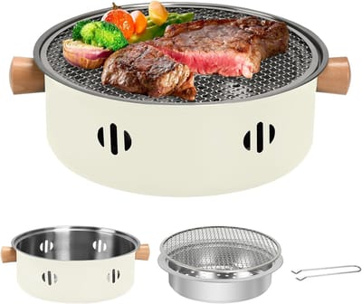 Daity Draagbare houtskoolbarbecue — Mini-BBQ — Multifunctionele houtskoolbarbecue — Ronde tafelbarbecue — Ideaal voor buiten koken, familiebijeenkomsten, picknicks en kamperen (Beige)