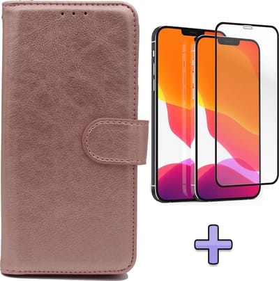 HB Hoesje Geschikt voor Apple iPhone 12 & 12 Pro Rosegoud - Luxe Kunstlederen Portemonnee Book Case & Volledige Display Screenprotector