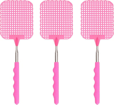 Set van 3x stuks uitschuifbare vliegenmeppers roze 66 cm - Xl vliegenmeppers - Ongediertebestrijding
