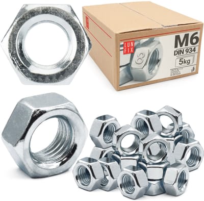 LUN FIX - Zeskantmoer M6 - 5 Kg (ca.2300 Stk.) - DIN 934 - Sterkte 8 - Verzinkt staal - Moeren voor schroeven