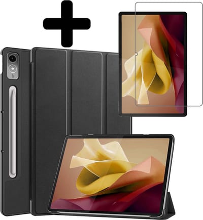 Hoes - Geschikt voor Lenovo Tab P12 - Met Screenprotector - Trifold Bookcase - Hard Cover Case - Met Uitsparing Geschikt voor Lenovo Pen - Hardcover Book - Tablet Hoesje - Zwart
