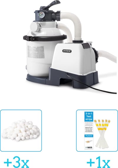 Intex 26644GS Zandfilterpomp - SX1500 - 4000 liter per uur inclusief Intex Filterbollen - Geschikt voor zandfilterpomp - 29045 (3 stuks) & WAYS Testrips (1 stuks)