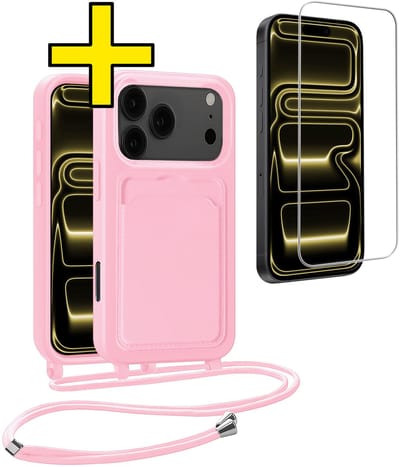 Hoesje Geschikt voor iPhone 17 Pro Telefoonhoesje Met Koord Case Pashouder Met Screenprotector Siliconen - Hoes Geschikt voor iPhone 17 Pro Hoesje Met Kaarthouder - Lichtroze
