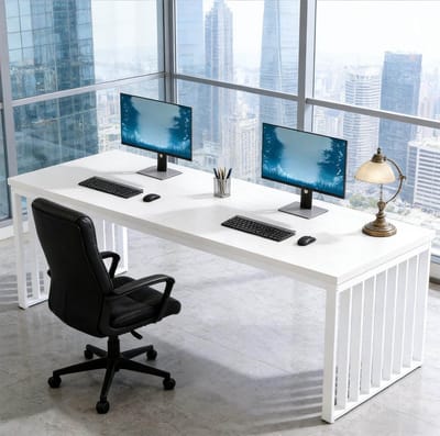 Bureau - Tweepersoons Werktafel Met Ruim Blad Voor Thuiskantoor En Kantoor - Industriële Stijl - Hout En Metaal - 180x60 Cm - Wit