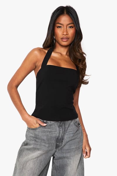 boohoo Dames Bengaline Halter Top met Vierkante Halslijn | Zwart | Maat: 34