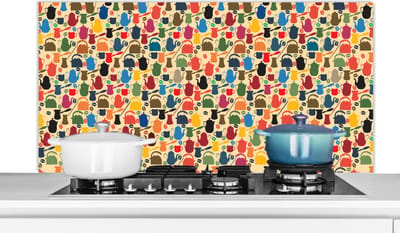 Spatscherm keuken 120x60 cm - Kookplaat achterwand Patronen - Koffie - Theepot - Retro - Muurbeschermer - Spatwand fornuis - Hoogwaardig aluminium