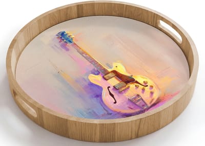 Dienblad rond 40x40 cm - Schootdienblad hout - Gitaar - Pastel - Schilderachtig - Borrelplank rechthoek - Plateau houten dienbladen