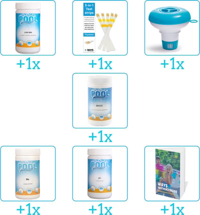 Zwembad Onderhoudspakket - Onderhoud Zwembad - bevat Chloor - Testrips - Chloordrijver - Chloor - PH-min - PH-plus en Zwembadgids (7-delig)