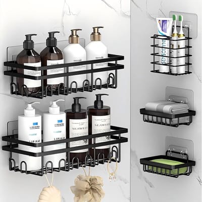 Famanu – Douchecaddy 5-delige set, boorvrij zelfklevend, roestvrije organizer voor badkamer en keuken, doucheplanken voor shampoo en accessoires