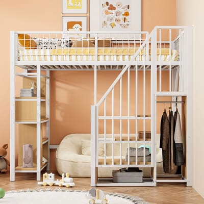 YEHTOKHOME Hoogslaper 90 x 200 cm - Eenpersoonsbed met opbergruimte - planken en ladder - Metaal & MDF - Wit - Zonder matras