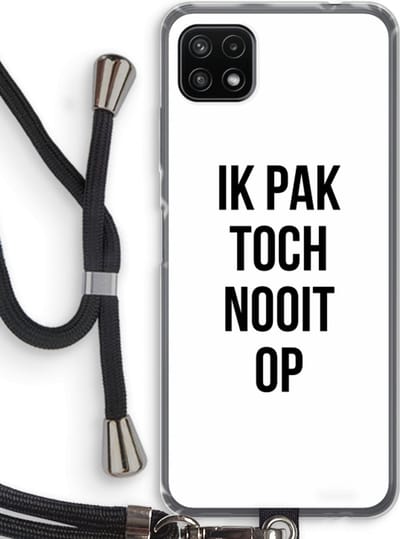 Case Company® - Hoesje met koord geschikt voor Samsung Galaxy A22 5G hoesje met Koord - Ik pak nooit op - Telefoonhoesje met Zwart Koord - Bescherming aan alle Kanten en Over de Schermrand