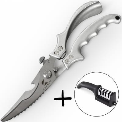KAAMUT® Professionele Keukenschaar – Vleesschaar – Inclusief 4-staps Messenslijper – Links- & Rechtshandig – Kracht & Precisie voor Elke Keukentaak