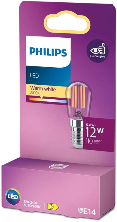Philips LED lamp - T25 lampvorm - Koelkastlampje met E14 fitting - Warmwit licht: 2700K - 12W - Helder glas